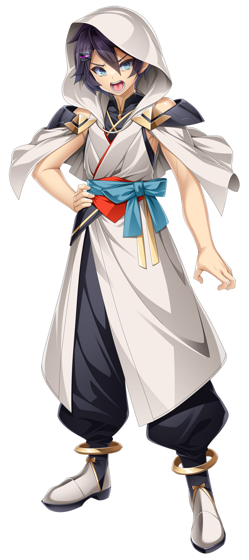 kamitsurugi ouka, kouyoku senki exs-tia concert, game cg, non-web source, official art, variant set, 1boy, 1girl, angry, anklet, black hair, black pants, blue eyes, capelet, full body, hair between eyes, hair ornament, hairclip, hand on own hip, hood, hood up, japanese clothes, jewelry, kireri (exs-tia concert), looking at viewer, male focus, open mouth, pants, puffy pants, purple hair, sash, short hair, shouting, sleeveless, solo, standing, tachi-e, transparent background, white capelet, white hood
