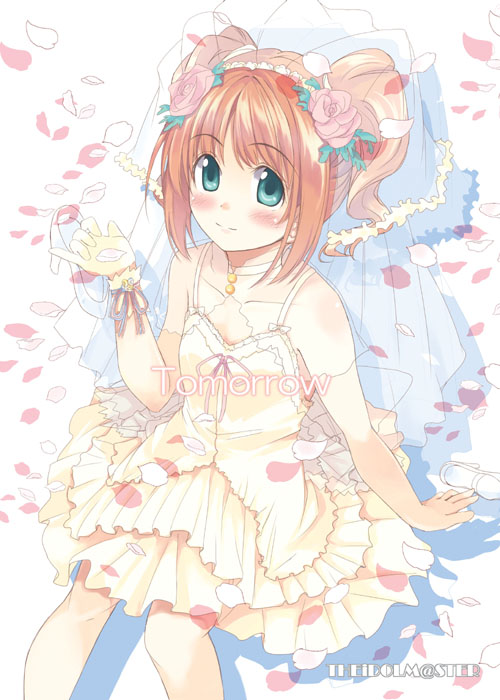 hamayumiba sou, takatsuki yayoi, idolmaster, idolmaster (classic), idolmaster 1, 00s, 1girl, blue eyes, blush, dress, female focus, orange hair, petals, solo, twintails, wedding dress