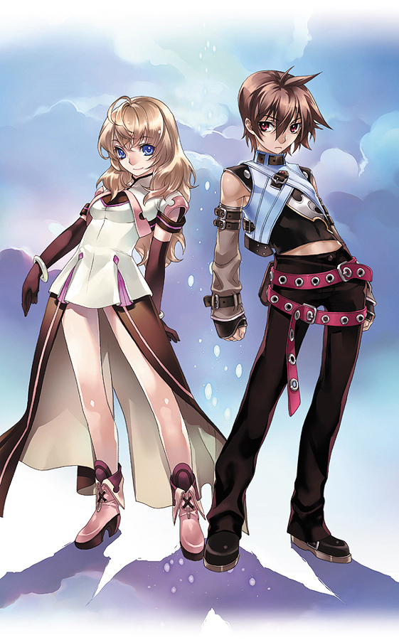 kousaki rui, 1boy, 1girl, belt, blonde hair, blue eyes, boots, brown hair, dress, long hair, red eyes, skirt, smile, spiked hair, standing, vest