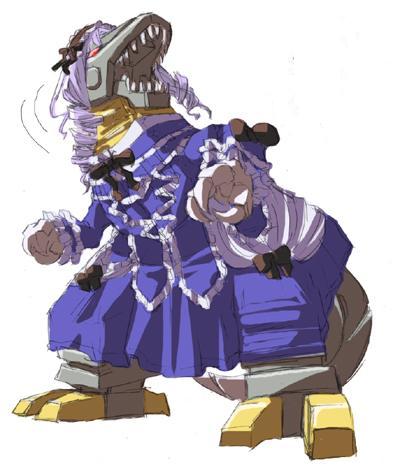 26 (sister freedom), aria (sister princess), grimlock, sister princess, transformers, transformers: generation 1, detexted, lowres, third-party edit, cosplay, crossover, dress, goth fashion, looking back, mechanization, no humans, what