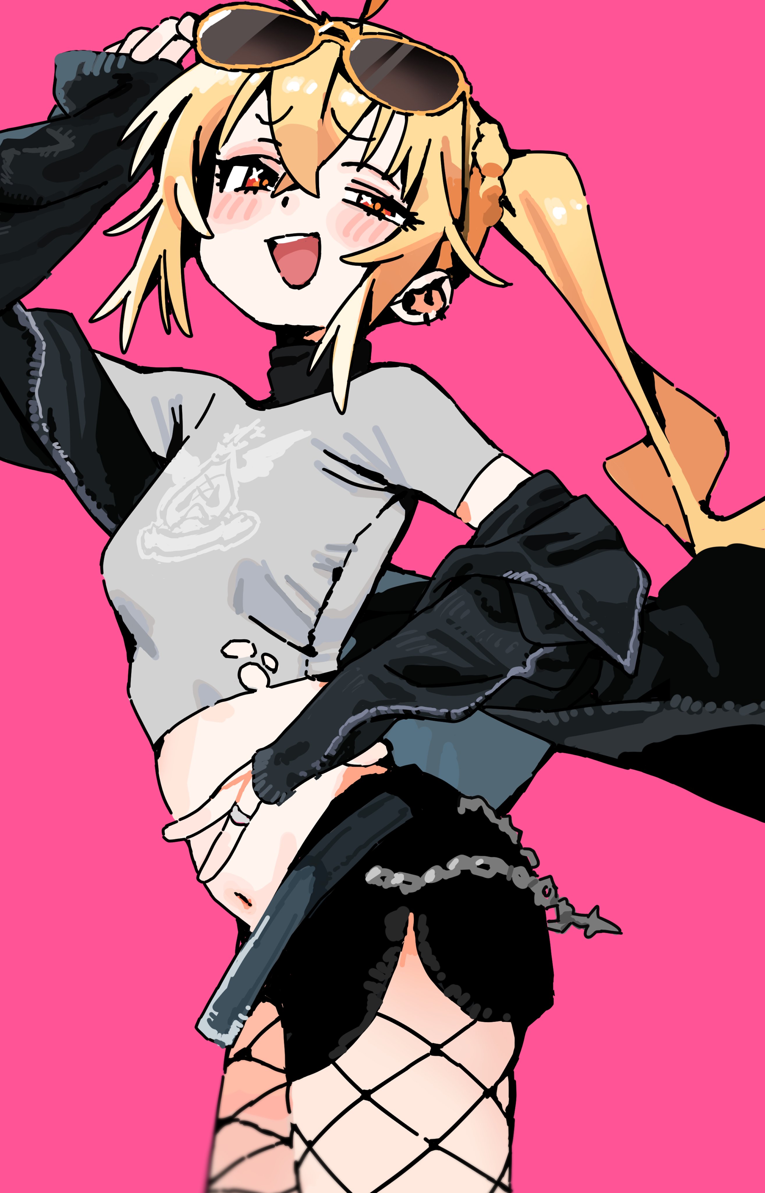 andii (anzai teachco), luciana de montefio, zenless zone zero, absurdres, hashtag-only commentary, highres, 1girl, black jacket, black shorts, blonde hair, blush, breasts, chain, crop top, crossed bangs, eyewear on head, fishnet pantyhose, fishnets, grey shirt, hair between eyes, jacket, jewelry, long hair, long sleeves, navel, neck warmer, off shoulder, open clothes, open jacket, open mouth, pantyhose, pink background, red eyes, ring, shirt, short shorts, shorts, side ponytail, simple background, sleeves past wrists, small breasts, solo, stomach, sunglasses