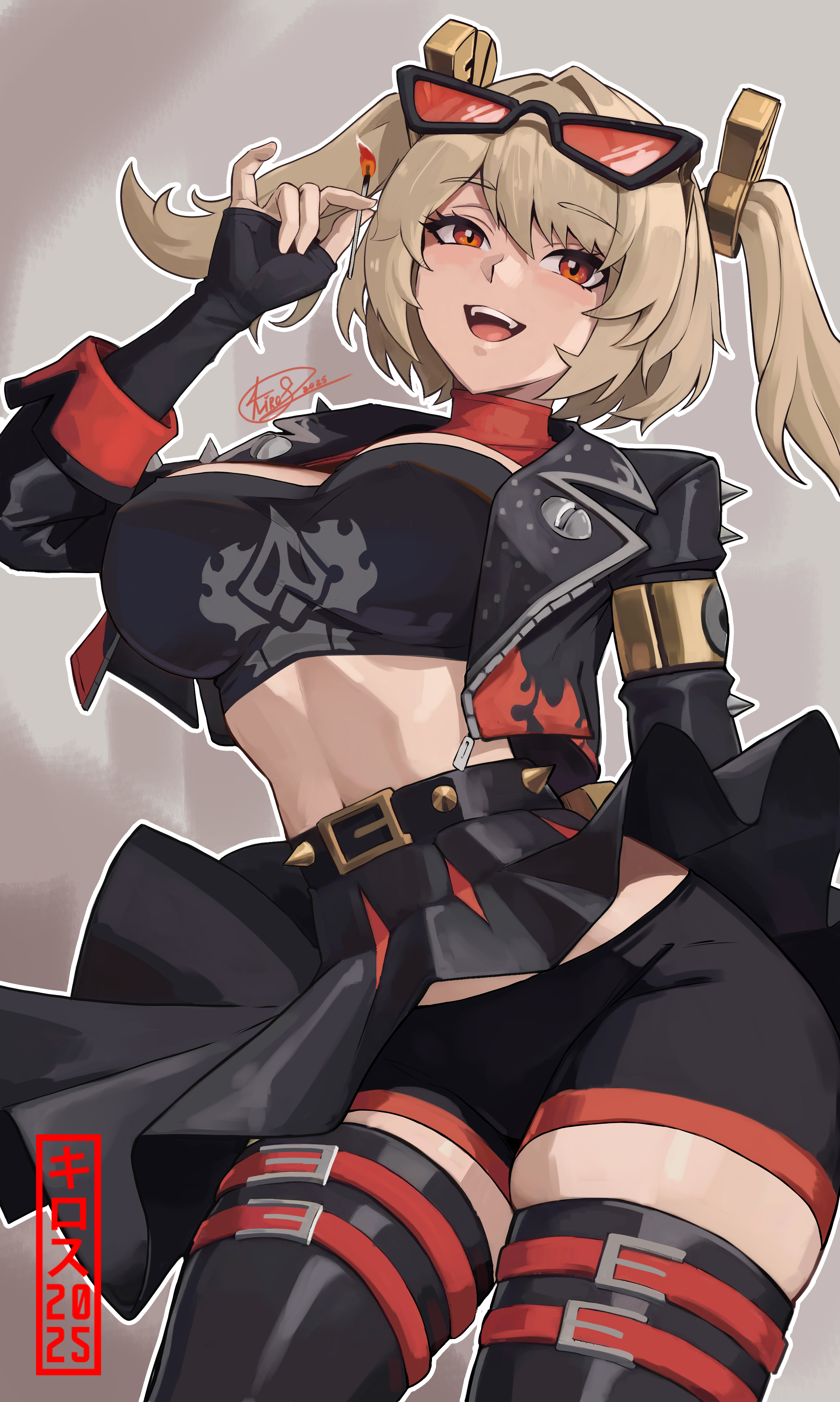 kiros temple, burnice white, zenless zone zero, absurdres, highres, 1girl, black jacket, black shorts, black skirt, black tube top, blonde hair, breasts, crop top, eyewear on head, fangs, fire, holding matchstick, jacket, large breasts, latex, latex legwear, matches, navel, open mouth, red-tinted eyewear, red eyes, short twintails, shorts, skirt, smile, solo, spiked belt, spiked jacket, strapless, sunglasses, teeth, thigh strap, thighs, tinted eyewear, tube top, twintails, upper teeth only
