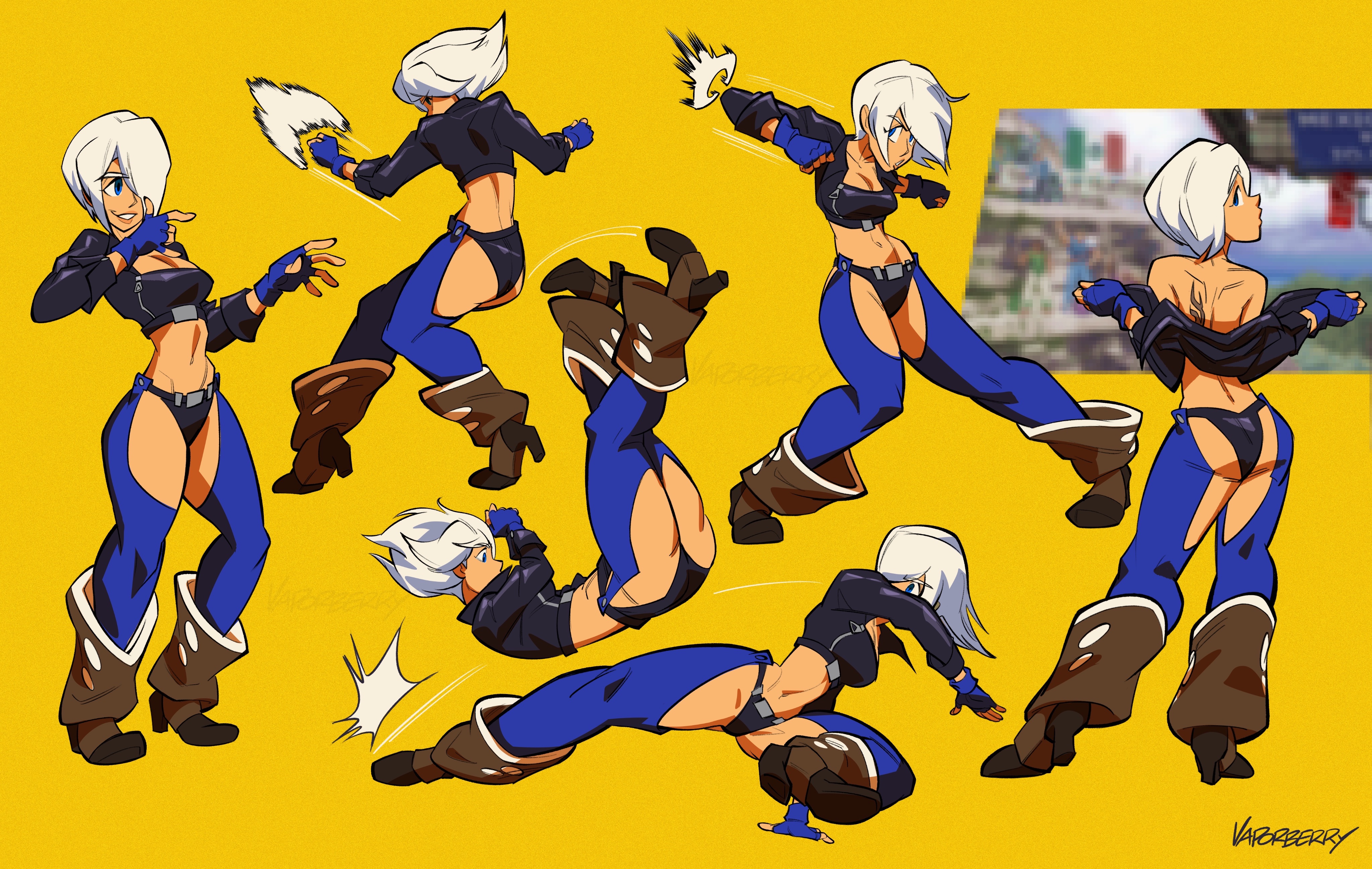 berryvapor, angel (kof), snk, the king of fighters, the king of fighters 2001, absurdres, highres, 1girl, backless pants, blue eyes, boots, bra, breasts, chaps, cleavage, cowboy boots, crop top, cropped jacket, fingerless gloves, gloves, hair over one eye, jacket, large breasts, leather, leather jacket, looking at viewer, mexico, midriff, navel, panties, pants, short hair, smile, strapless, strapless bra, toned, toned female, underwear, white hair