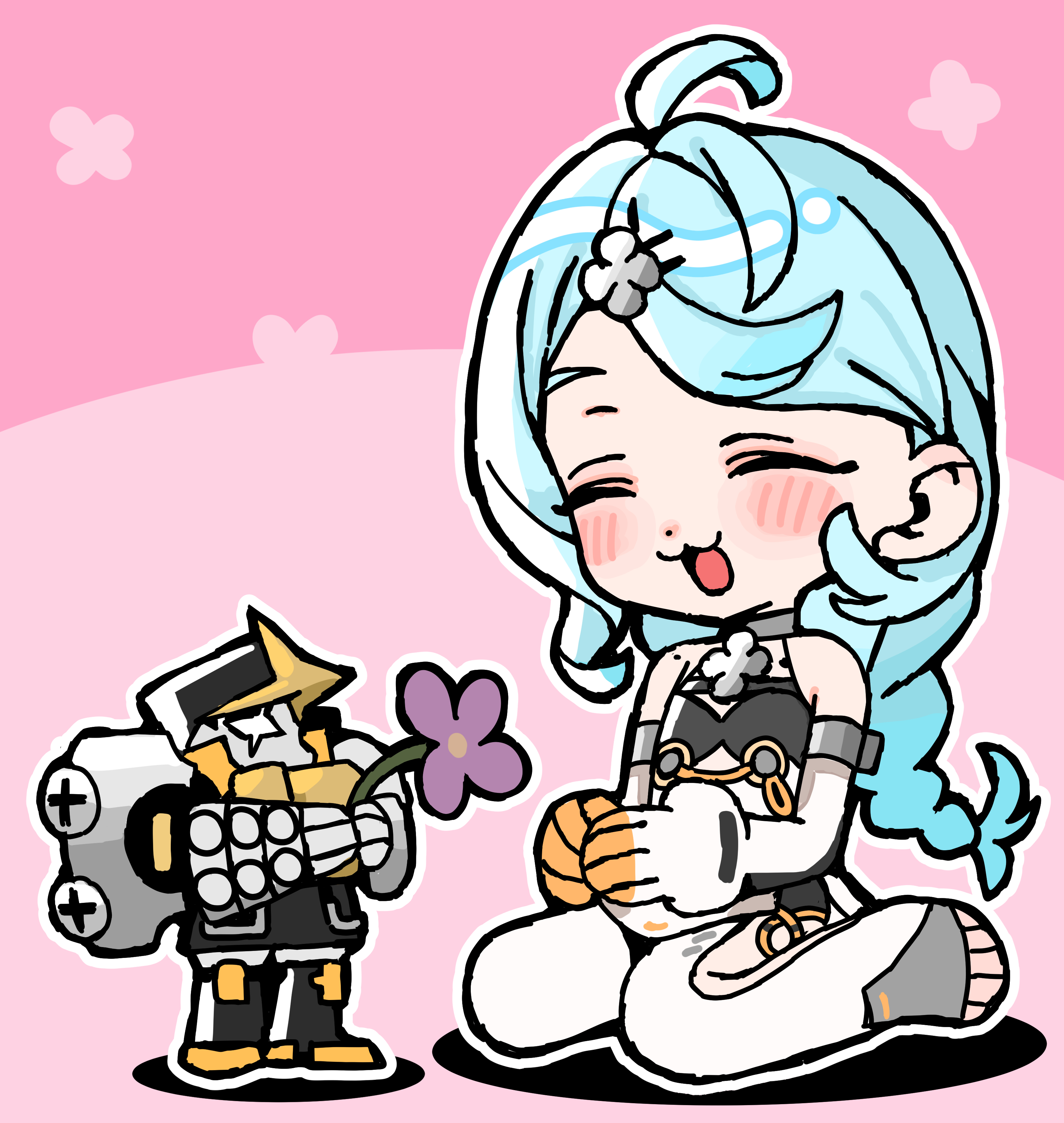 andii (anzai teachco), seed (zenless zone zero), seed sr., zenless zone zero, absurdres, commentary, highres, 1girl, :3, ^ ^, bare shoulders, blue hair, blush, braid, chibi, chibi only, closed eyes, detached sleeves, flower, flower symbol, gloves, hair ornament, holding, holding flower, humanoid robot, long hair, mole, mole on shoulder, open mouth, outline, pink background, purple flower, robot, sitting, white outline