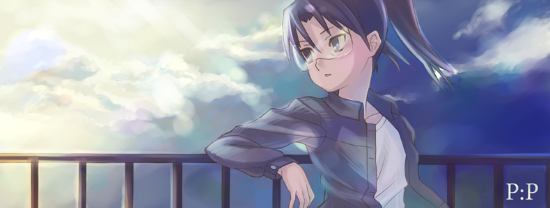 oryo (oryo04), amasawa yuuko, dennou coil, 00s, brown hair, glasses, short hair, sky, solo, twintails