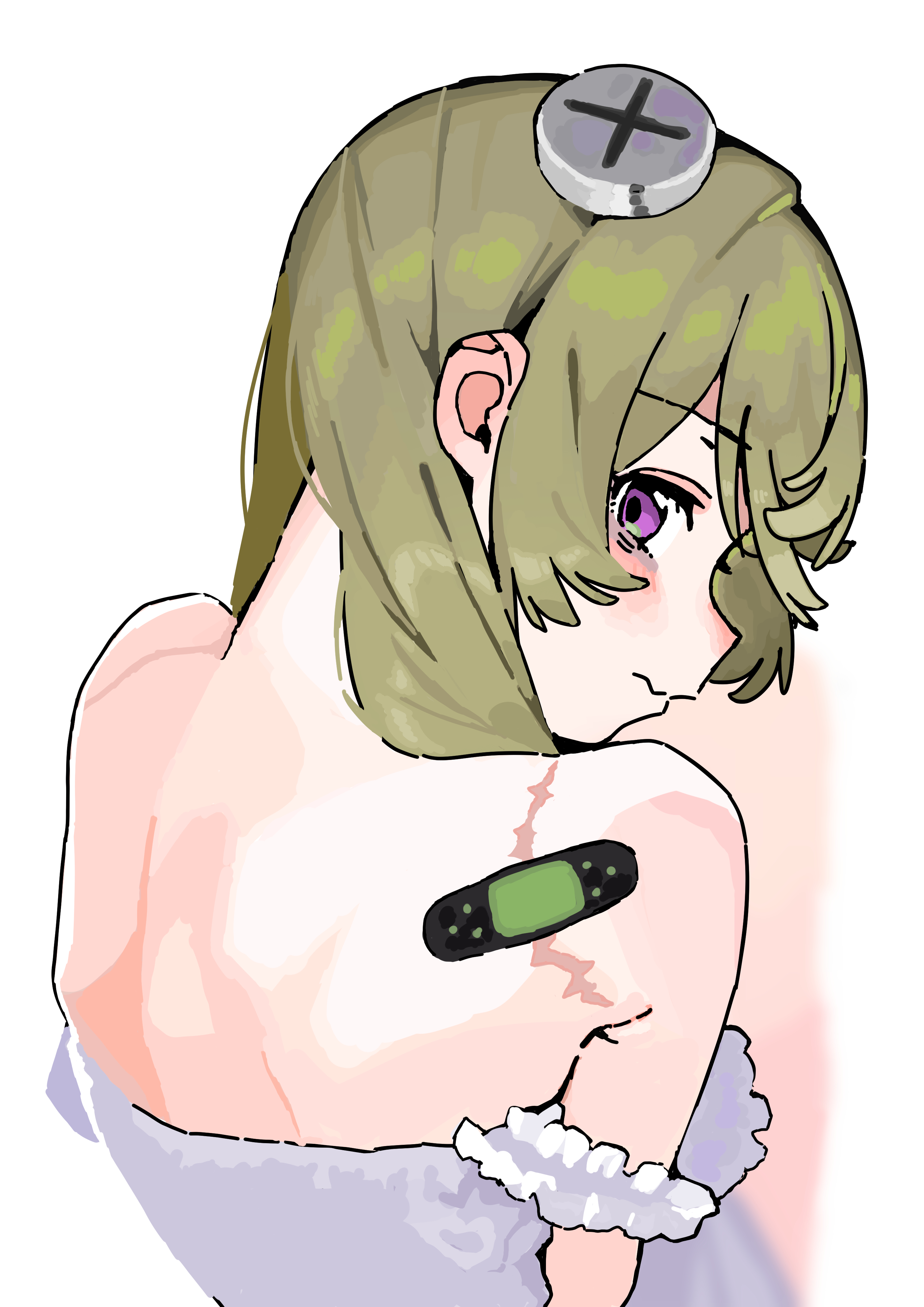 andii (anzai teachco), corin wickes, zenless zone zero, absurdres, commentary request, highres, 1girl, alternate costume, alternate hairstyle, back, bags under eyes, bandaid, bandaid on shoulder, closed mouth, dress, from behind, hair ornament, hair over shoulder, looking at viewer, looking back, purple eyes, purple hair, scar, screw hair ornament, simple background, solo, strapless, strapless dress, upper body, wavy mouth, white background