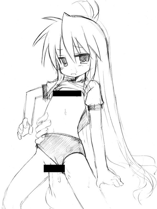 kaneko masaru, takami ryo, takami ryou, izumi konata, lucky star, clothes, 00s, 1boy, 1girl, age difference, ahoge, bar censor, blush, buruma, buruma aside, censored, censored nipples, clothed sex, clothes lift, clothing aside, cowboy shot, flat chest, frown, greyscale, gym uniform, hetero, large penis, loli, long hair, mole, mole under eye, monochrome, penis, pussy, pussy juice, sex, shirt, shirt lift, sketch, solo focus, standing, sweat, t-shirt, torso grab, vaginal, very long hair