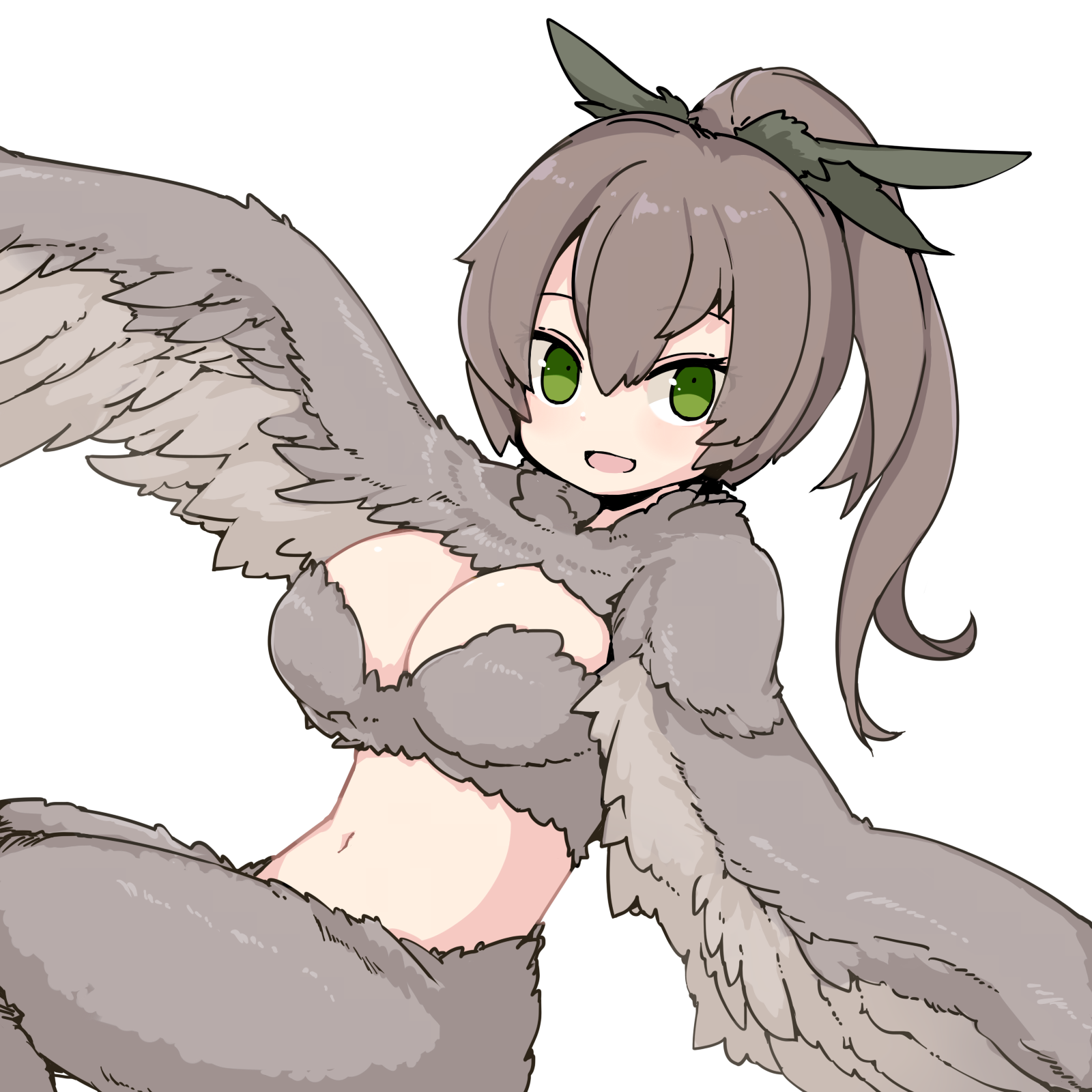 frfr, original, commentary request, highres, 1girl, bird legs, breasts, brown feathers, brown hair, brown wings, cleavage, feathers, green eyes, hair between eyes, harpy, long hair, looking at viewer, midriff, monster girl, navel, open mouth, ponytail, simple background, solo, white background, winged arms, wings