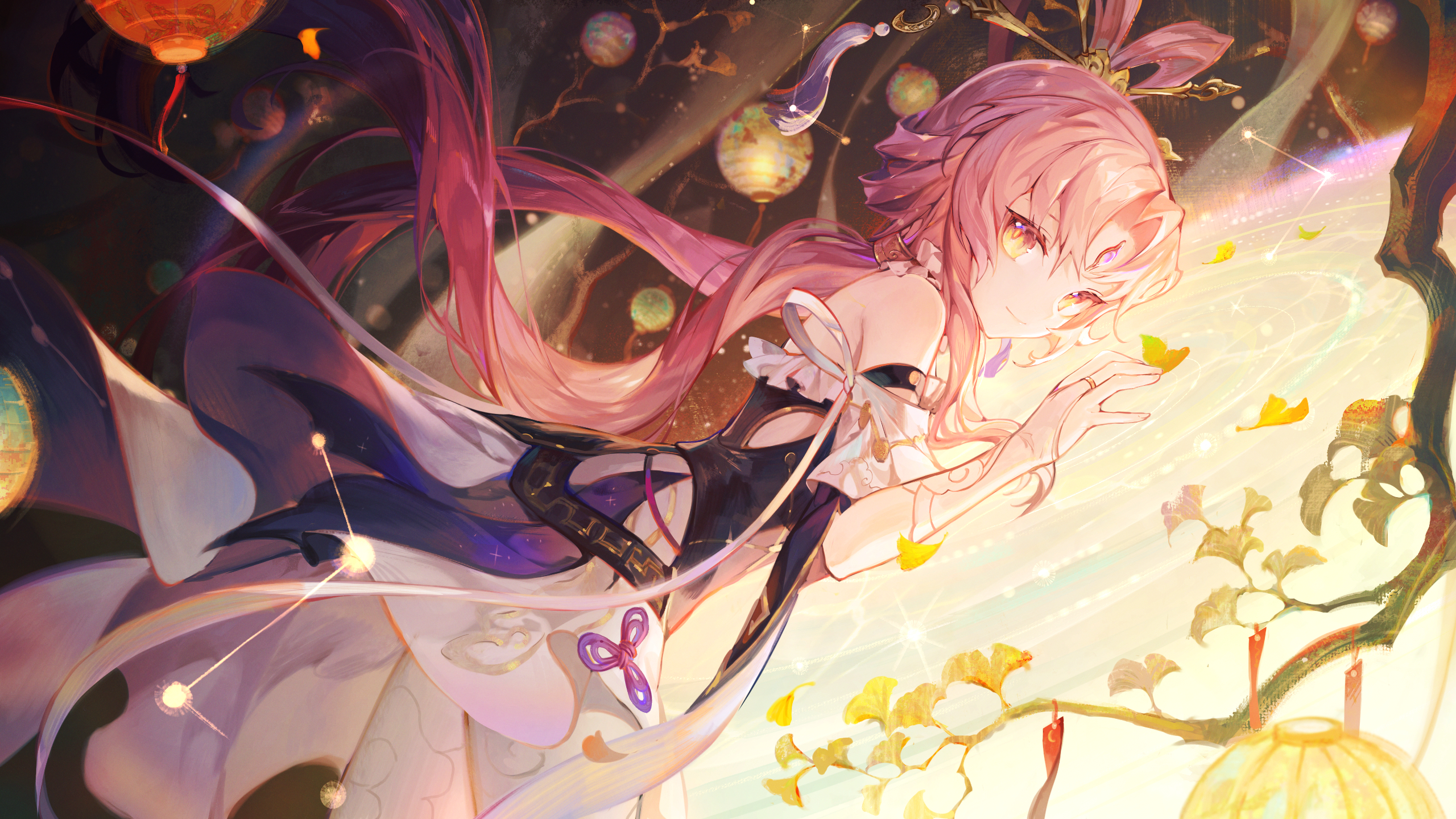 yu-x, fu xuan (honkai: star rail), honkai: star rail, honkai (series), highres, second-party source, 1girl, bare shoulders, bow-shaped hair, bridal gauntlets, closed mouth, constellation, constellation print, detached sleeves, dress, forehead jewel, hair ornament, hair rings, hair stick, jewelry, long hair, looking at viewer, low twintails, miniskirt, pantyhose, parted bangs, pink hair, purple rope, rope, skirt, solo, tassel, tassel hair ornament, twintails, very long hair, white pantyhose, white skirt, yellow eyes