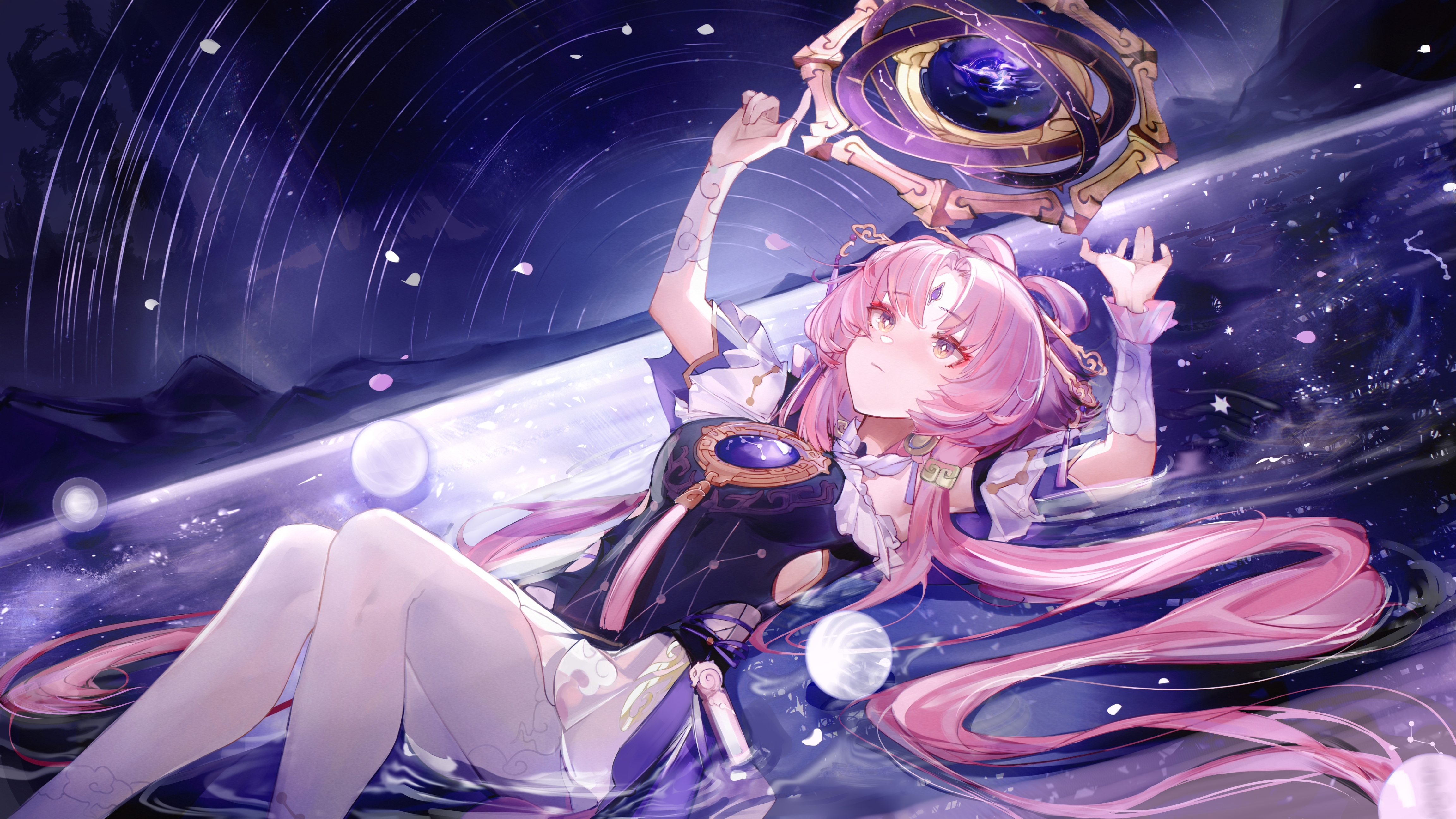 nuez, fu xuan (honkai: star rail), honkai: star rail, honkai (series), absurdres, highres, second-party source, 1girl, arms up, brown eyes, closed mouth, constellation print, detached sleeves, dutch angle, feet out of frame, forehead jewel, hair spread out, long hair, low twintails, lying, mountainous horizon, night, on back, pantyhose, parted bangs, partially submerged, pink hair, skirt, solo, star trail, tassel, twintails, very long hair, water, white pantyhose, white skirt
