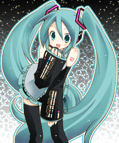 shinya soukichi, hatsune miku, vocaloid, 1girl, aqua hair, blouse, collared shirt, detached sleeves, female focus, frilled shirt, frills, gradient background, grey shirt, hair between eyes, headset, long hair, shirt, sleeveless, sleeveless shirt, solo, standing, star (symbol), star symbol background, tattoo, thighhighs, twintails, very long hair, zettai ryouiki