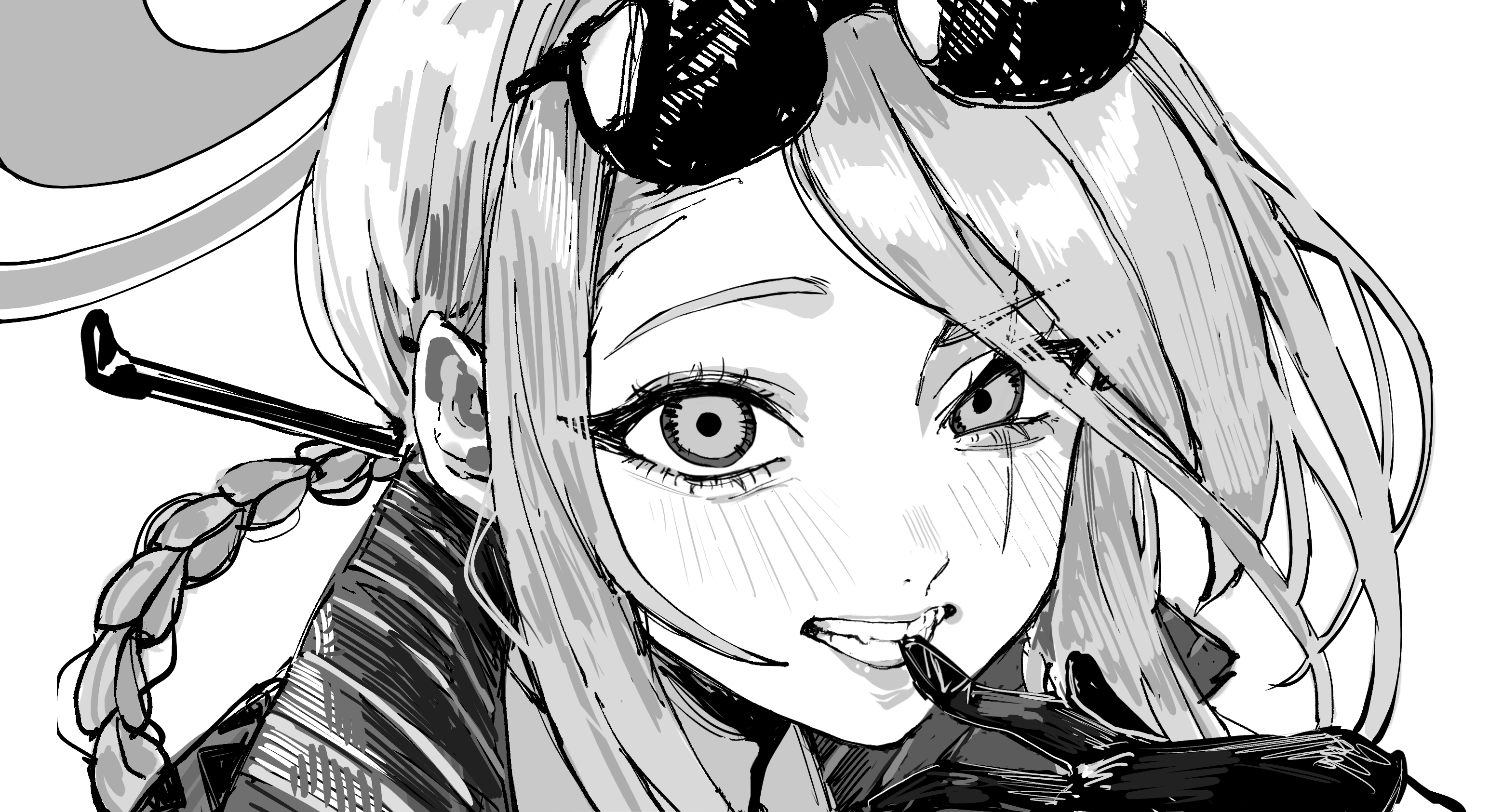 hanakonenne, mina (blue archive), blue archive, commentary request, highres, 1girl, biting, biting glove, eyewear on head, gloves, greyscale, grin, halo, jacket, long hair, looking at viewer, monochrome, portrait, simple background, smile, solo, sunglasses, white background