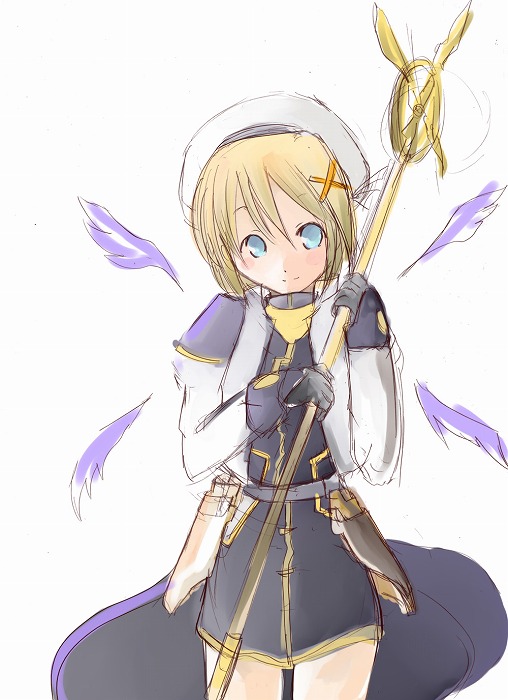 ogu, schwertkreuz, yagami hayate, lyrical nanoha, mahou shoujo lyrical nanoha, mahou shoujo lyrical nanoha strikers, 00s, 1girl, female focus, fingerless gloves, gloves, hair ornament, hat, magical girl, solo, staff, unison (nanoha), waist cape, wings, x hair ornament