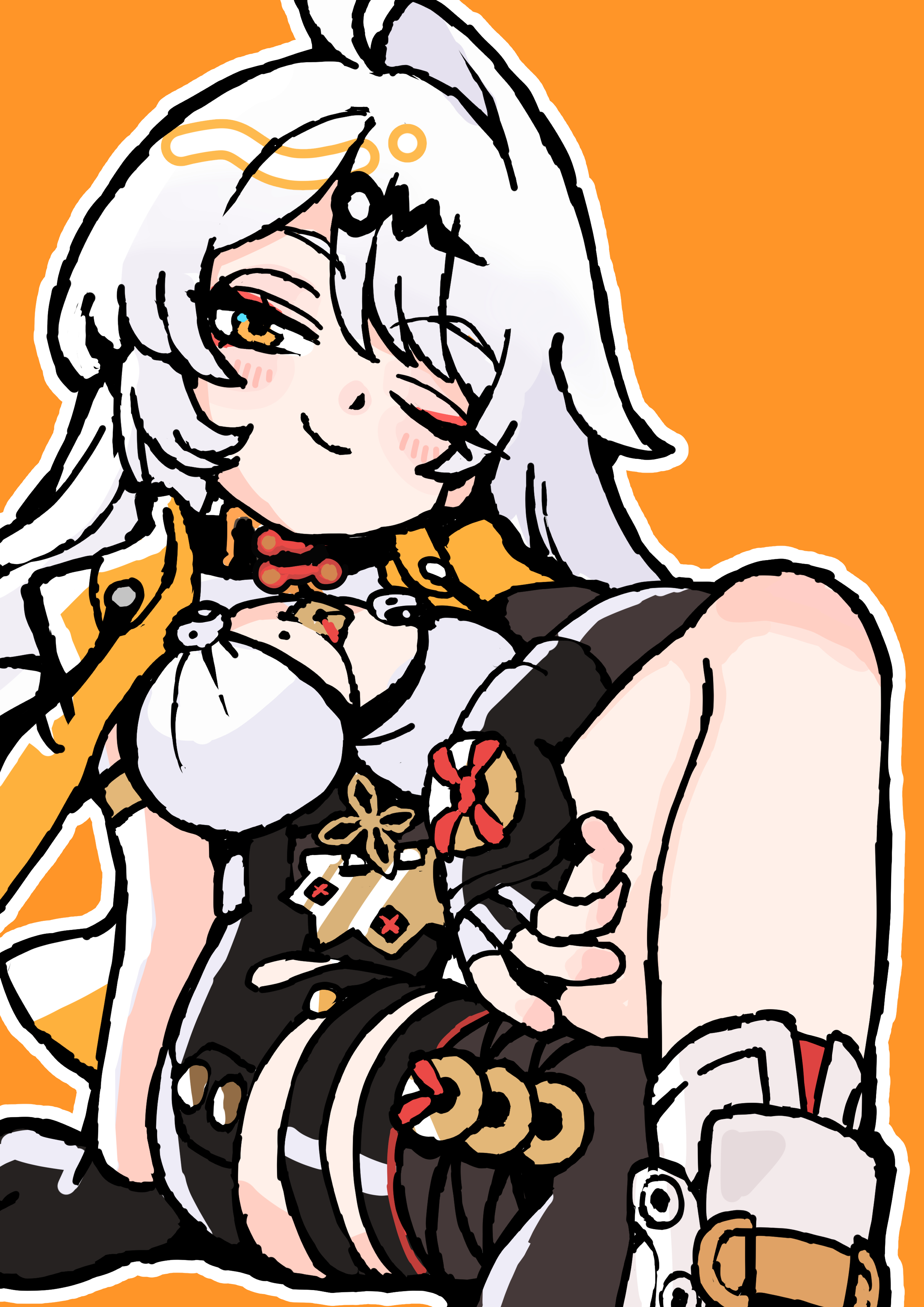 andii (anzai teachco), yixuan (zenless zone zero), zenless zone zero, absurdres, hashtag-only commentary, highres, 1girl, black gloves, black thighhighs, blush, breasts, chibi, chibi only, cleavage, fingerless gloves, gloves, hair between eyes, hair ornament, large breasts, long hair, looking at viewer, makeup, mole, mole on breast, one eye closed, orange background, orange eyes, outline, simple background, single thighhigh, sitting, smile, solo, thigh strap, thighhighs, white hair, white outline, yin yang pin