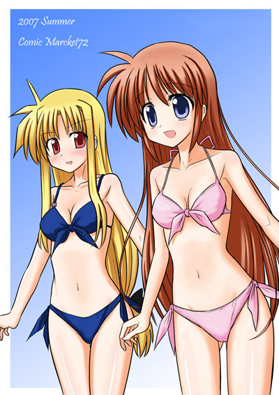 mugityax, fate testarossa, takamachi nanoha, lyrical nanoha, mahou shoujo lyrical nanoha, mahou shoujo lyrical nanoha strikers, 00s, 2007, 2girls, bikini, blonde hair, long hair, low-tied long hair, multiple girls, swimsuit, very long hair