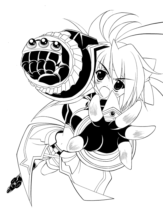 koide yutaka, revolver knuckle, subaru nakajima, lyrical nanoha, mahou shoujo lyrical nanoha, mahou shoujo lyrical nanoha strikers, 00s, 1girl, female focus, fingerless gloves, gauntlets, gloves, greyscale, headband, inline skates, magical girl, midriff, monochrome, roller skates, single fingerless glove, single gauntlet, skates, solo, waist cape