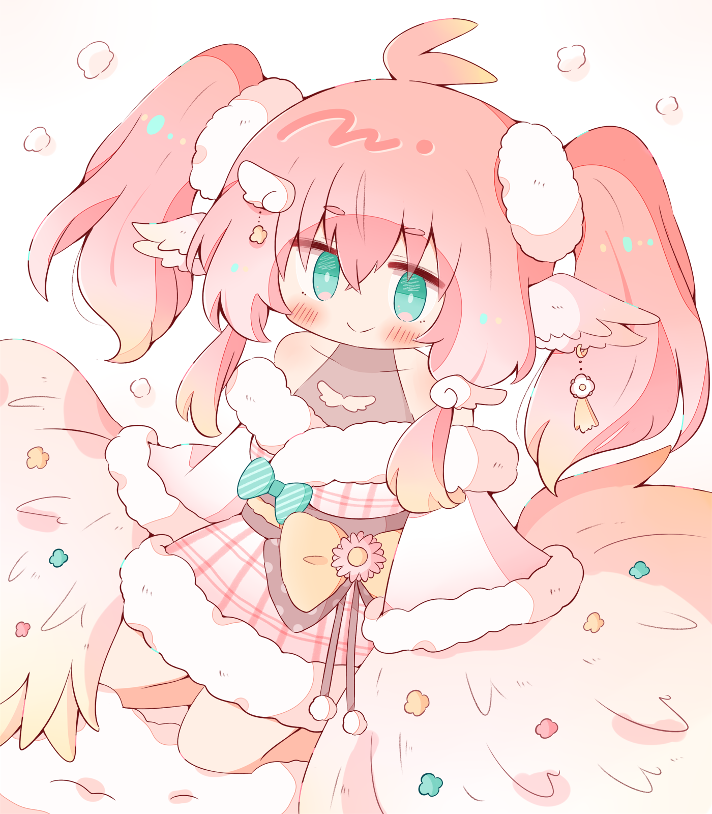 original, commentary request, highres, 1girl, ahoge, ama remomo, bare shoulders, blush, bow, bright pupils, dress, feathers, green eyes, hair ornament, harpy, head wings, kneeling, looking at viewer, monster girl, off-shoulder dress, off shoulder, pink dress, pink feathers, pink hair, pink wings, simple background, smile, solo, striped bow, twintails, white background, white pupils, wing hair ornament, wings, yellow bow