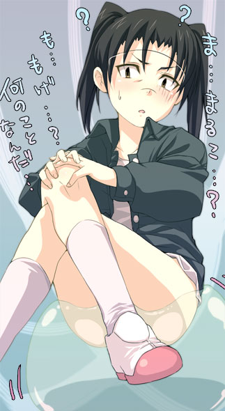 buriki, amasawa yuuko, dennou coil, translation request, 00s, 1girl, black hair, black shirt, blush, bottomless, brown hair, crossed legs, female focus, glasses, japanese text, long sleeves, no pants, open clothes, open shirt, shirt, shoes, short hair, sitting, socks, solo, sweatdrop, text focus, twintails, white shoes, white socks