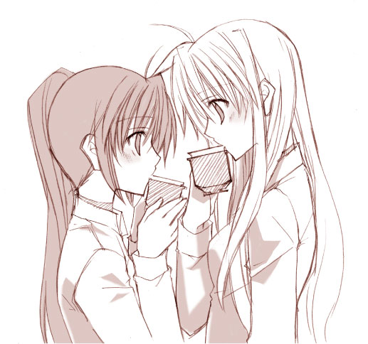 muraya yoshihisa, fate testarossa, takamachi nanoha, lyrical nanoha, mahou shoujo lyrical nanoha, mahou shoujo lyrical nanoha strikers, 00s, 2girls, cup, eye contact, looking at another, military, military uniform, monochrome, multiple girls, pink theme, side ponytail