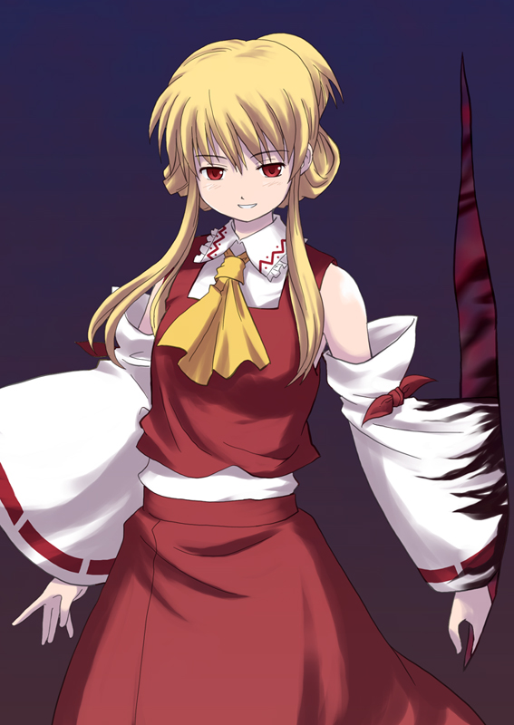 haniwa, haniwa (leaf garden), hakurei reimu, yakumo yukari, touhou, eyebrows, 1girl, ascot, bare shoulders, blonde hair, cosplay, detached sleeves, female focus, frilled shirt collar, frills, gap (touhou), gradient background, grin, hair up, hakurei reimu (cosplay), japanese clothes, long hair, looking at viewer, miko, red eyes, red ribbon, red shirt, red skirt, ribbon, ribbon-trimmed sleeves, ribbon trim, shirt, skirt, sleeveless, sleeveless shirt, smile, solo, white shirt, white sleeves, yellow ascot