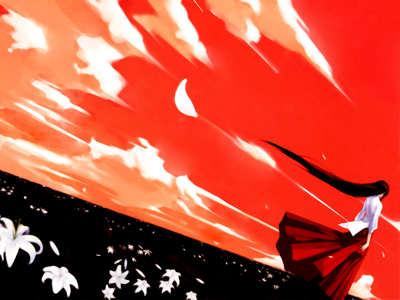 tohno akiha, tsukihime, highres, 00s, 1girl, black hair, cloud, dutch angle, female focus, field, floating hair, flower, from behind, full body, japanese clothes, lilies, lily (flower), limited palette, long hair, orange sky, outdoors, red skirt, shirt, skirt, sky, solo, standing, very long hair, white shirt
