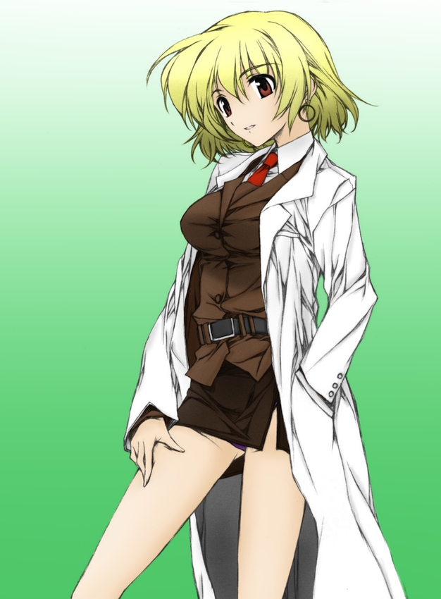 shamal, lyrical nanoha, mahou shoujo lyrical nanoha, mahou shoujo lyrical nanoha strikers, 00s, 1girl, bare legs, female focus, lab coat, military, military uniform, no legwear, panties, pantyshot, pencil skirt, skirt, solo, underwear, upskirt