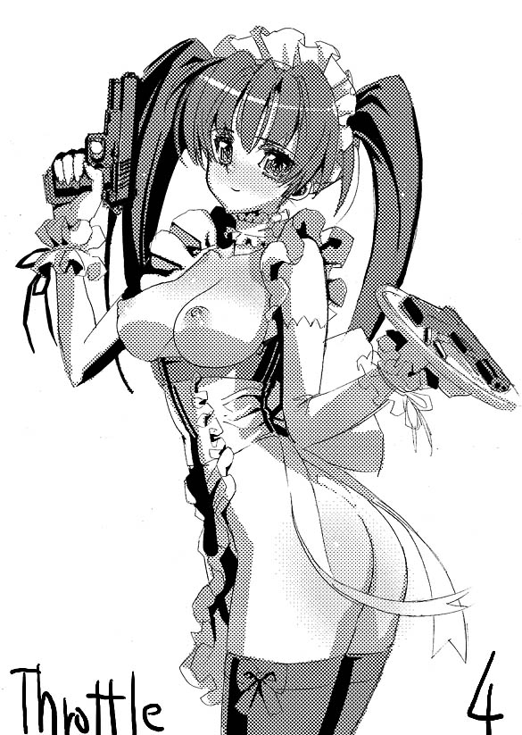 sanbasou, 1girl, breasts, female focus, greyscale, gun, handgun, maid, monochrome, nipples, pistol, solo, thighhighs, twintails, weapon