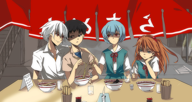 loo, ayanami rei, ikari shinji, nagisa kaworu, souryuu asuka langley, neon genesis evangelion, 2boys, 2girls, blue eyes, blue hair, bowl, chopsticks, eating, food, glass, long hair, multiple boys, multiple girls, noodles, ramen, red eyes, red hair, school uniform, serafuku, short hair, table