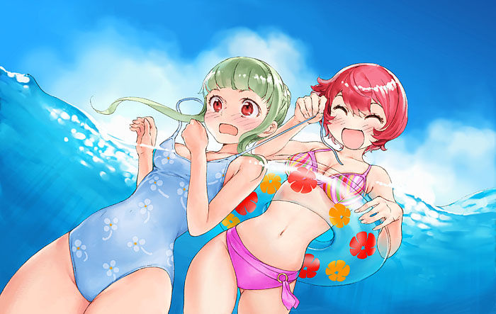 garex, original, 2girls, assisted exposure, beach, bikini, bikini pull, blush, clothes pull, day, green hair, innertube, multiple girls, navel, one-piece swimsuit, pulling another's clothes, red eyes, red hair, swim ring, swimsuit, underwater, undressing