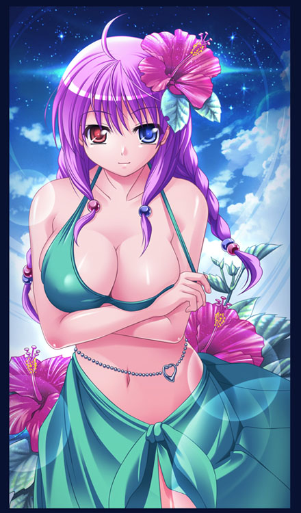 toujou akira, original, 1girl, aqua bikini, belly chain, bikini, braid, breasts, cleavage, curvy, female focus, flower, hair ornament, heart, heterochromia, hibiscus, jewelry, large breasts, purple hair, sarong, solo, strap pull, swimsuit