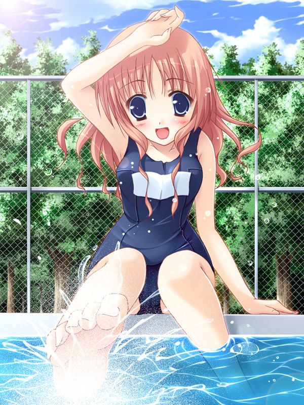 ishii akira, original, 1girl, :d, bare shoulders, barefoot, blue eyes, blush, brown hair, chain-link fence, day, feet, female focus, fence, foot focus, forest, lens flare, long hair, nature, one-piece swimsuit, open mouth, outdoors, pink hair, pool, poolside, school swimsuit, sitting, smile, soaking feet, soles, solo, splashing, sun, swimsuit, toe scrunch, toes, tree, water