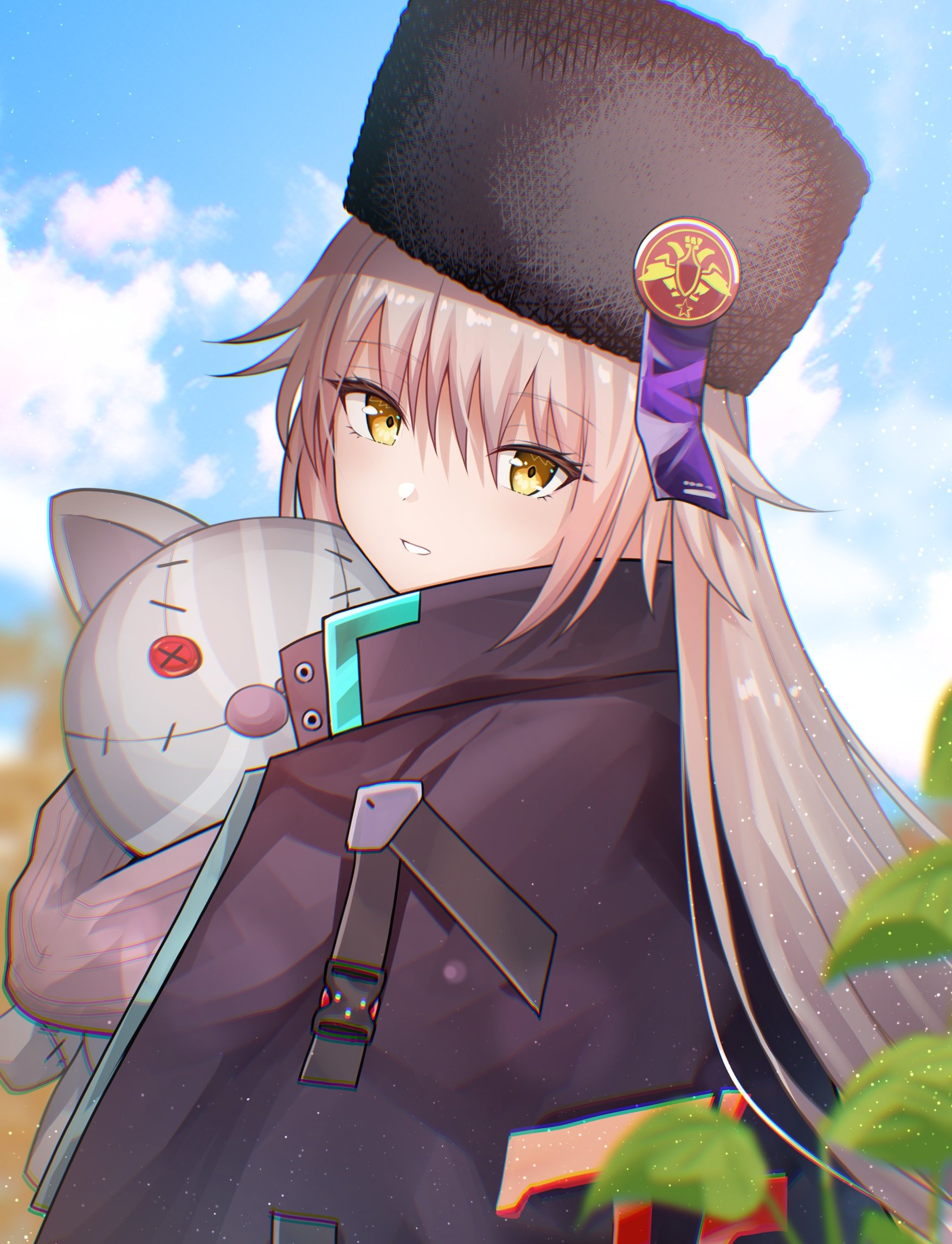 rrtp, charlotta skopovskaya, heaven burns red, highres, 1girl, grey hair, hat, long hair, looking at viewer, smile, stuffed toy, ushanka, yellow eyes