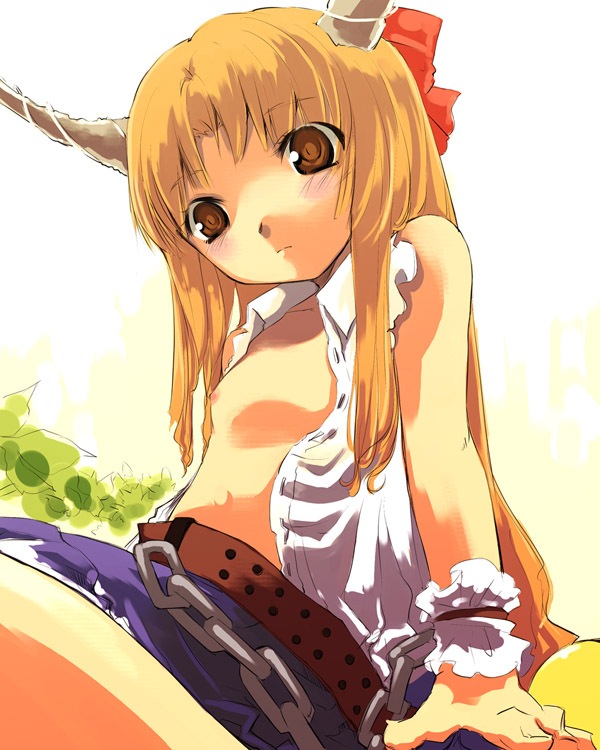 yuu (kfc), ibuki suika, touhou, 1girl, female focus, flat chest, gradient background, horns, nipples, open clothes, open shirt, shirt, skirt, solo, white background