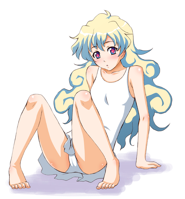 akiyama kenta, nia teppelin, tengen toppa gurren lagann, 00s, 1girl, arm support, barefoot, blush, breasts, female focus, full body, long hair, one-piece swimsuit, small breasts, solo, swimsuit, white background