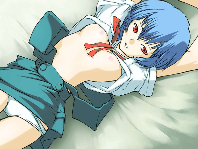 sansui.aoba, ayanami rei, neon genesis evangelion, 1girl, blue hair, breasts, clothes lift, female focus, nipples, pale skin, panties, red eyes, school uniform, serafuku, shirt lift, short hair, small breasts, solo, underwear
