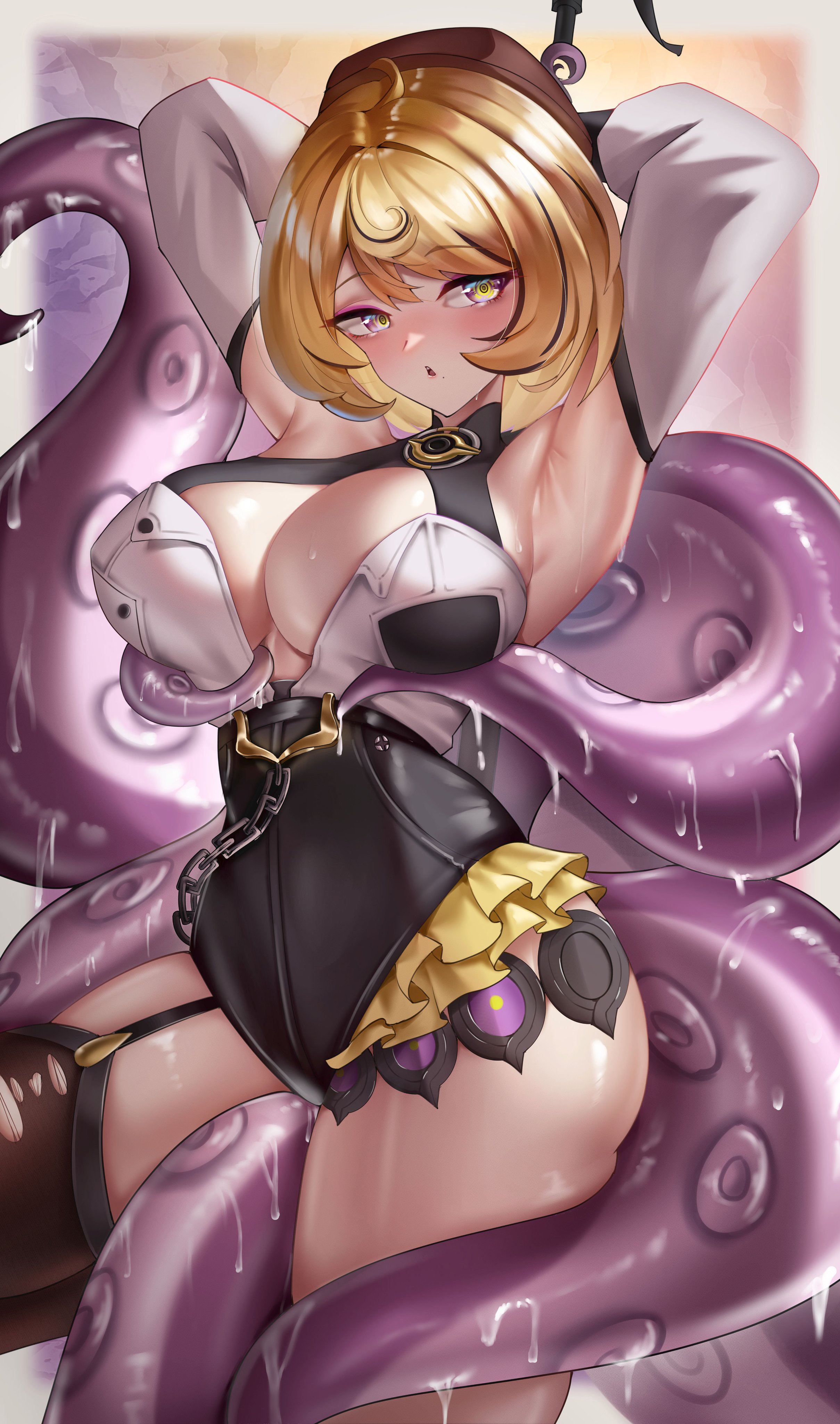wendy (5877), yidhari (zenless zone zero), zenless zone zero, absurdres, highres, 1girl, armpits, ass, asymmetrical shorts, blonde hair, blush, breasts, detached sleeves, green pupils, hat, high-waist shorts, large breasts, looking to the side, mole, mole under mouth, monster girl, octopus, open clothes, purple eyes, short hair, shorts, single thighhigh, slimy, solo, spiral, standing, sticker, sweat, tentacle between breasts, tentacle between legs, tentacle tail, tentaclejob, tentacles, thighhighs, unbuttoned, white sleeves