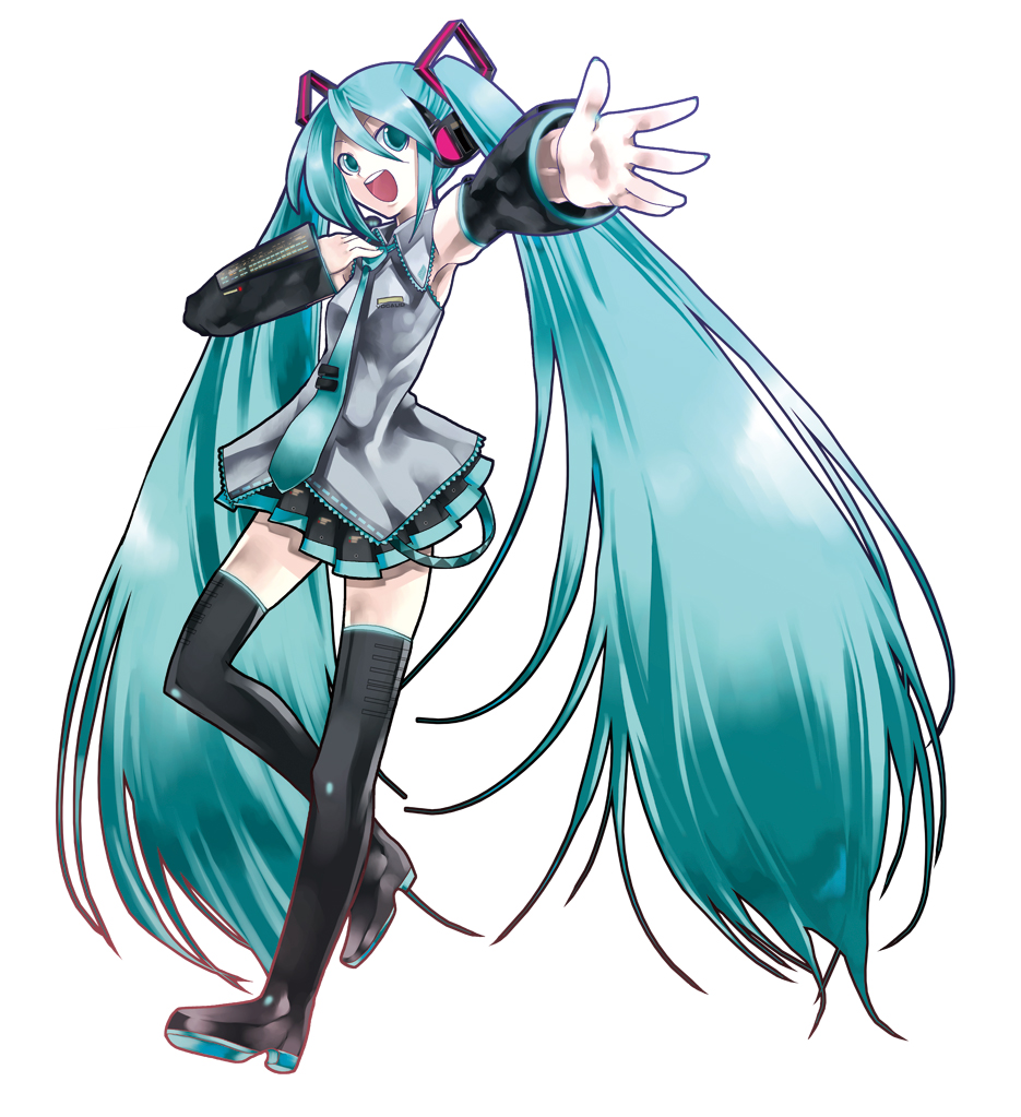 kei (keigarou), hatsune miku, vocaloid, official art, 1girl, aqua hair, aqua necktie, armpits, black thighhighs, blouse, boots, collared shirt, detached sleeves, female focus, foreshortening, frilled shirt, frills, full body, grey shirt, hair between eyes, headset, long hair, music, necktie, shirt, simple background, singing, sleeveless, sleeveless shirt, solo, thigh boots, thighhighs, twintails, very long hair, white background, zettai ryouiki