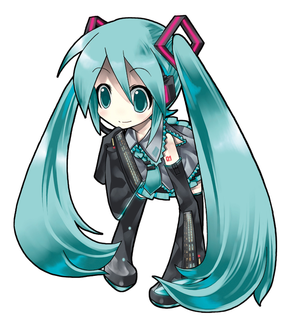 kei (keigarou), hatsune miku, vocaloid, 1girl, aqua eyes, aqua hair, aqua necktie, black thighhighs, blouse, blush, boots, chibi, collared shirt, detached sleeves, female focus, frilled shirt, frills, full body, grey shirt, hair between eyes, hand to own mouth, headphones, headset, long hair, necktie, shirt, simple background, sleeveless, sleeveless shirt, smile, solo, standing, tattoo, thigh boots, thighhighs, twintails, very long hair, white background, zettai ryouiki
