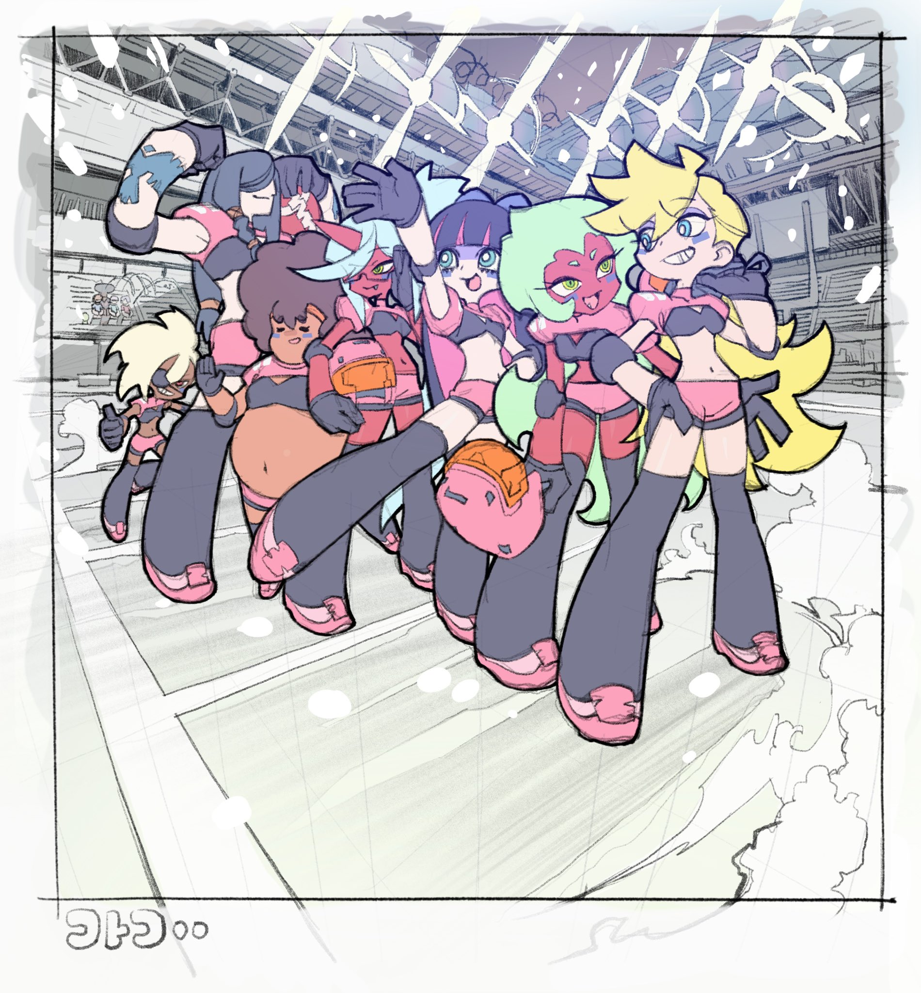 cotogochan, kneesocks (psg), panty (psg), scanty (psg), stocking (psg), panty & stocking with garterbelt, highres, 6+girls, american football, american football helmet, american football uniform, blonde hair, blue hair, green hair, helmet, multiple girls, purple hair, sportswear