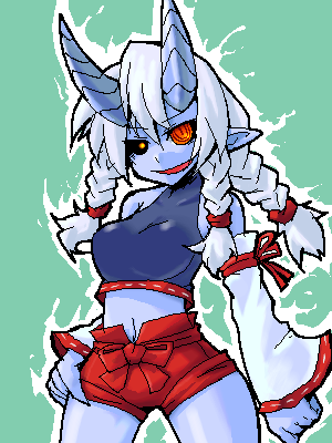 lowres, 1girl, adapted uniform, blue oni, blue skin, colored skin, demon girl, detached sleeves, female focus, horns, japanese clothes, miko, nontraditional miko, oekaki, oni, solo, white hair