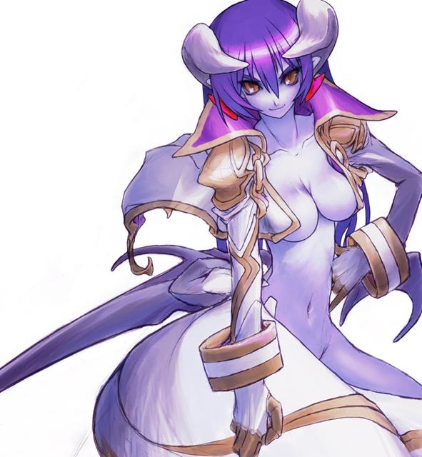 astaroth (shinrabanshou), shinrabanshou, black sclera, blue skin, bottomless, colored sclera, colored skin, gloves, horns, solo, topless female