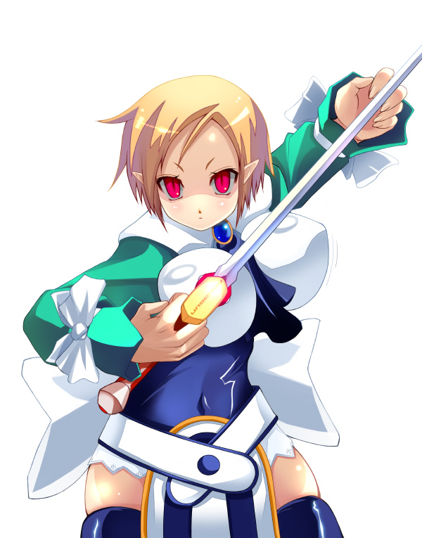 shiki (psychedelic g2), magic knight (disgaea), disgaea, makai senki disgaea 2, nippon ichi, shigurui, 1girl, blonde hair, female focus, green shirt, leotard, parody, pointy ears, red eyes, shirt, short hair, solo, sword, thighhighs, weapon, zettai ryouiki