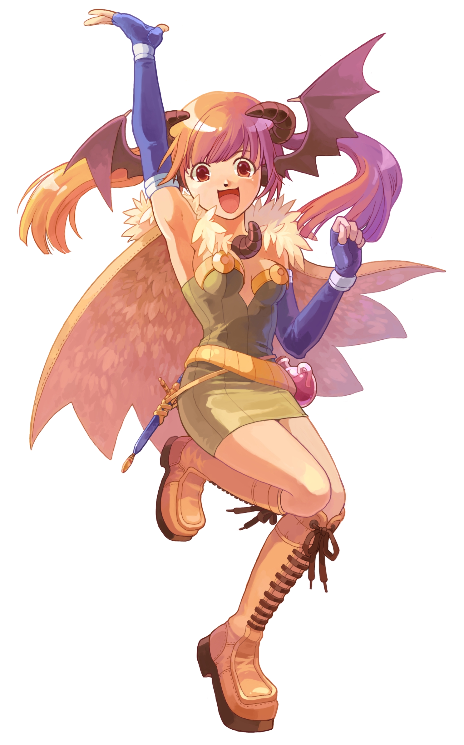 alchemist (ragnarok online), ragnarok online, highres, 1girl, alchemist, boots, demon girl, fantasy, female focus, horns, solo, yellow boots