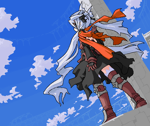 mof, mof's silver haired twintailed girl, original, silver hair, lowres, 1girl, armor, belt, black dress, blue eyes, blue sky, boots, bow, building, cloud, day, dress, dutch angle, female focus, from behind, full body, gloves, hair bow, knee pads, long hair, long sleeves, looking afar, oekaki, outdoors, pillow, red boots, red gloves, shoulder blades, sky, solo, standing, thigh boots, thighhighs, twintails, very long hair