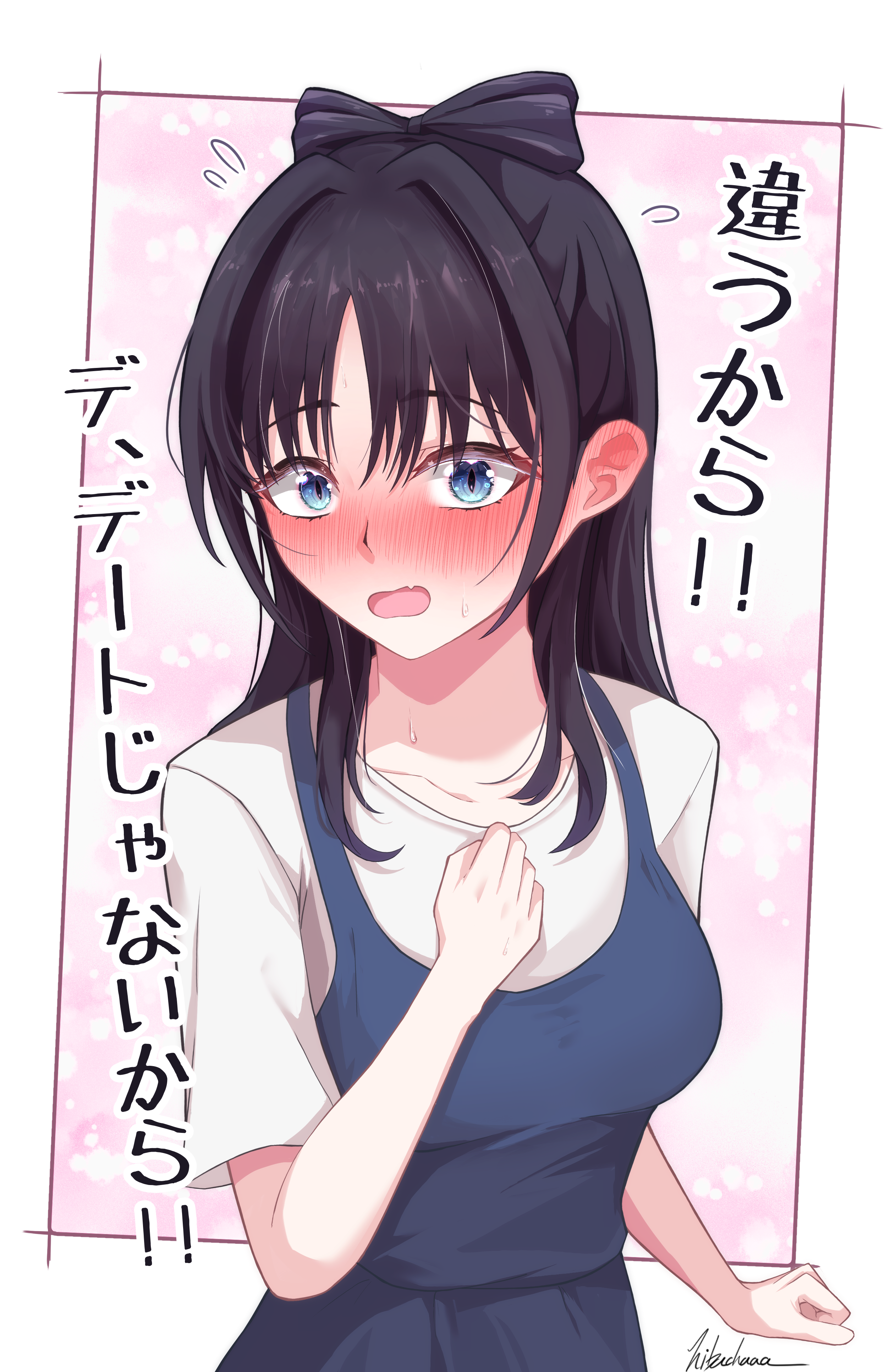 tefutefufu, miyao nemu, witch watch, absurdres, highres, translation request, 1girl, black dress, black hair, blue eyes, blush, breasts, collarbone, dress, ear blush, flying sweatdrops, hand on own chest, long hair, open mouth, pinafore dress, shirt, signature, sleeveless, sleeveless dress, solo, sweat, white shirt
