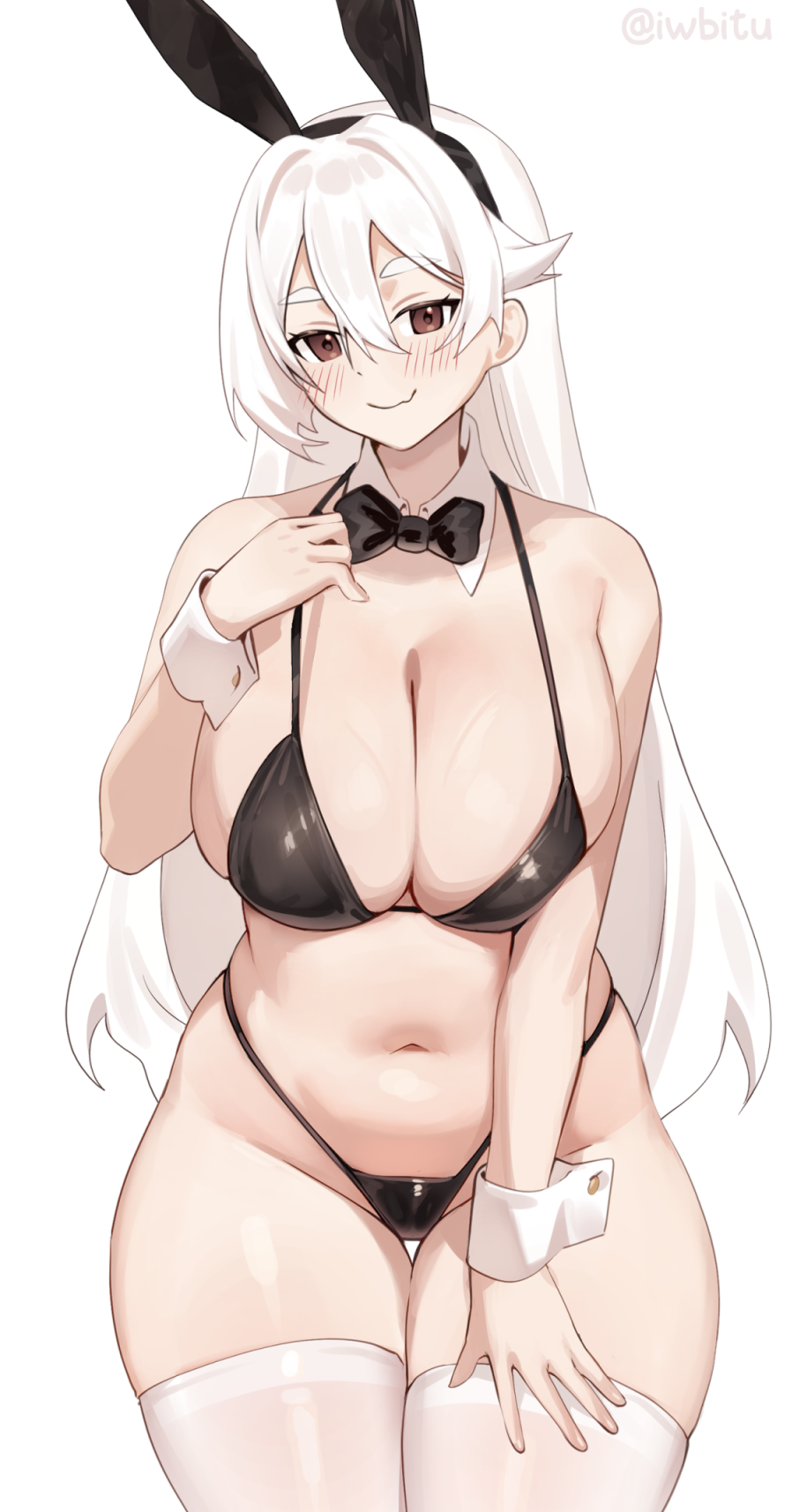 iwbitu, nyopu, original, commentary, english commentary, highres, 1girl, animal ear hairband, animal ears, bare arms, bare shoulders, bikini, black bikini, black bow, black bowtie, black hairband, blush, bow, bowtie, breasts, brown eyes, cleavage, cowboy shot, detached collar, fake animal ears, fang, fang out, hair between eyes, hairband, hand on own chest, hand on own thigh, huge breasts, long hair, looking at viewer, navel, rabbit ears, simple background, skin fang, skindentation, smile, solo, stomach, string bikini, swimsuit, thick thighs, thigh gap, thighhighs, thighs, very long hair, white background, white hair, white thighhighs, wrist cuffs