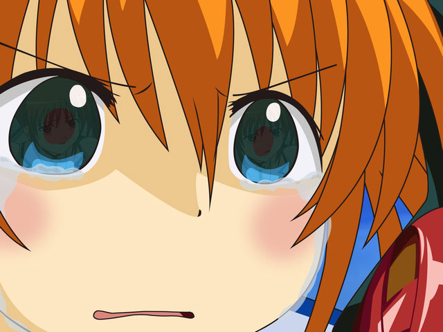 cross mirage, takamachi nanoha, teana lanster, lyrical nanoha, mahou shoujo lyrical nanoha, mahou shoujo lyrical nanoha strikers, 00s, 1girl, eye focus, eye reflection, gununu (meme), meme, orange hair, reflection, solo focus, tears, when you see it, white devil