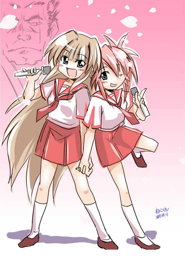 nekorin, edomae lunar, seto gouzaburou, seto sun, seto no hanayome, 00s, 1boy, 2009, 2girls, :d, artist name, blonde hair, blush, dated, full body, gradient background, green eyes, holding hands, long hair, microphone, multiple girls, open mouth, petals, pink hair, school uniform, serafuku, smile, socks, standing, standing on one leg, very long hair