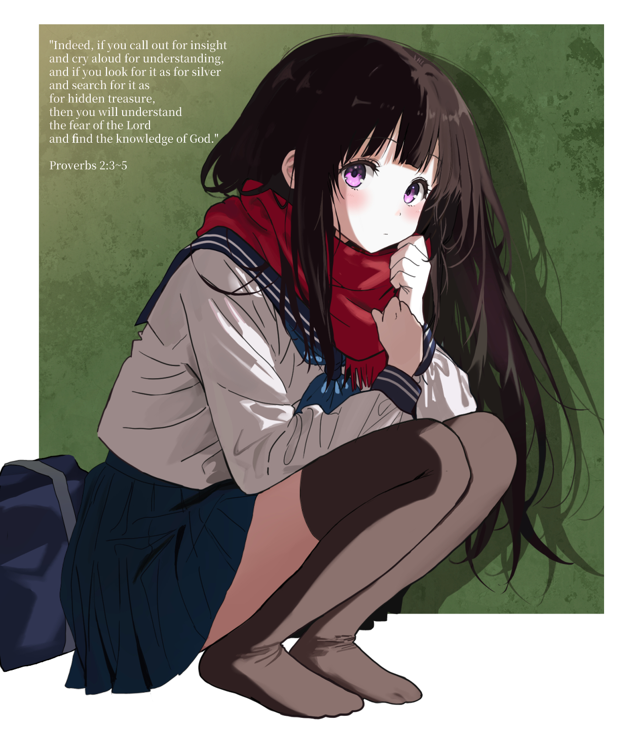 chitanda eru, hyouka, highres, 1girl, bag, black hair, blue skirt, blush, closed mouth, english text, junyongkim9, kamiyama high school uniform (hyouka), long hair, long sleeves, looking at viewer, neckerchief, no shoes, pleated skirt, purple eyes, red scarf, sailor collar, scarf, school bag, school uniform, serafuku, shirt, skirt, solo, squatting, thighhighs, white shirt