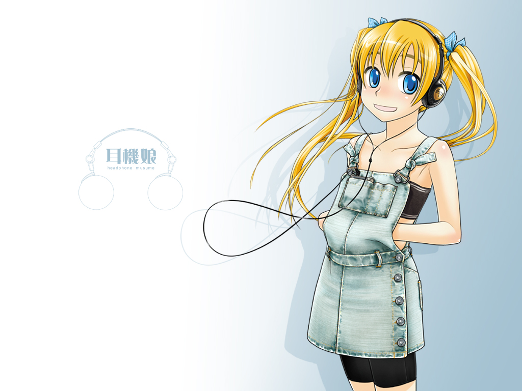 ootsuka mahiro, headphone + musume, original, bike shorts under skirt, blonde hair, blue eyes, headphones, overalls, solo, suspenders, twintails